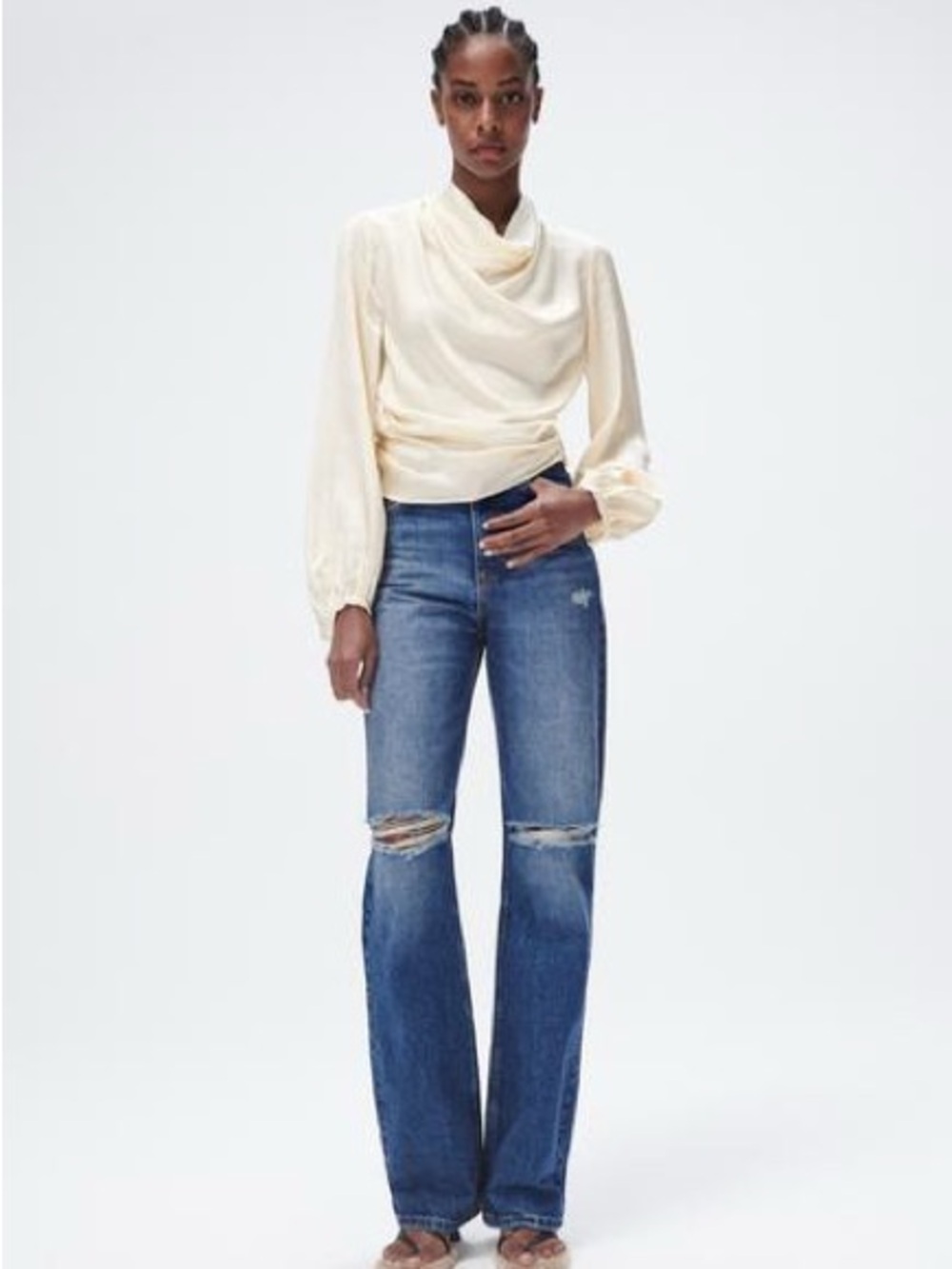 Zara Medium Blue Flare Jeans with Knee Rips